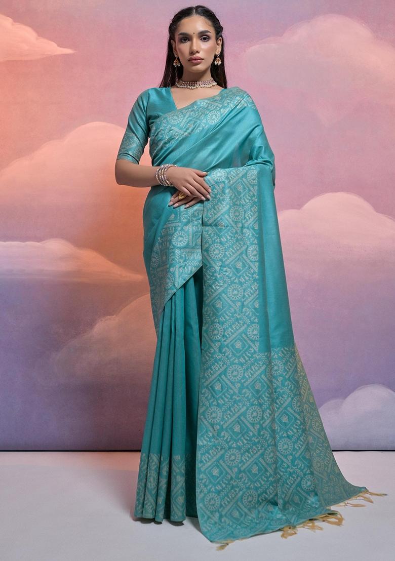 Firozi Embroidered Raw Silk Saree Set