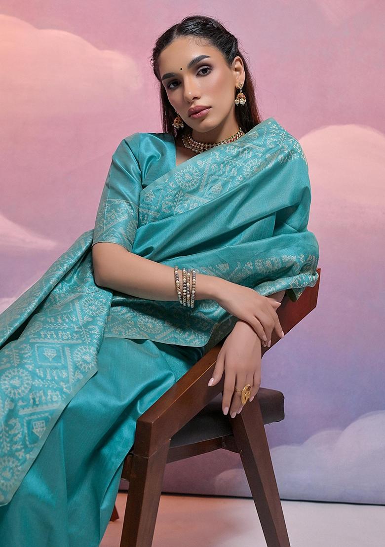 Firozi Embroidered Raw Silk Saree Set