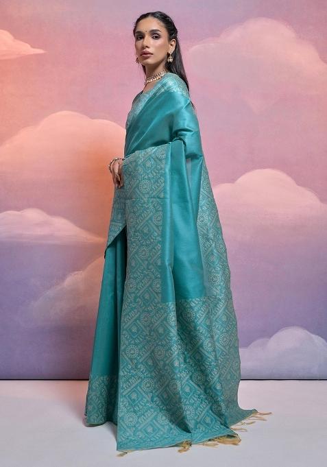 Firozi Embroidered Raw Silk Saree Set