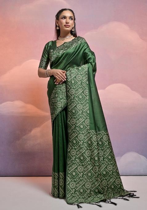 Green Embroidered Raw Silk Saree Set