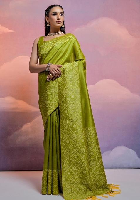 Henna Green Embroidered Raw Silk Saree Set