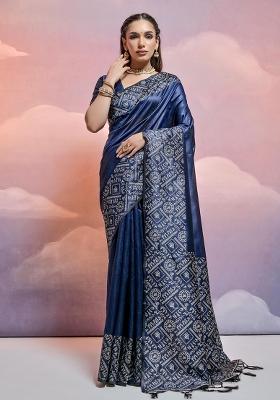 Navy Blue Embroidered Raw Silk Blend Saree Set