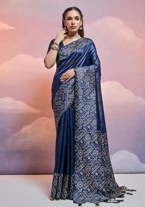 Navy Blue Embroidered Raw Silk Saree Set