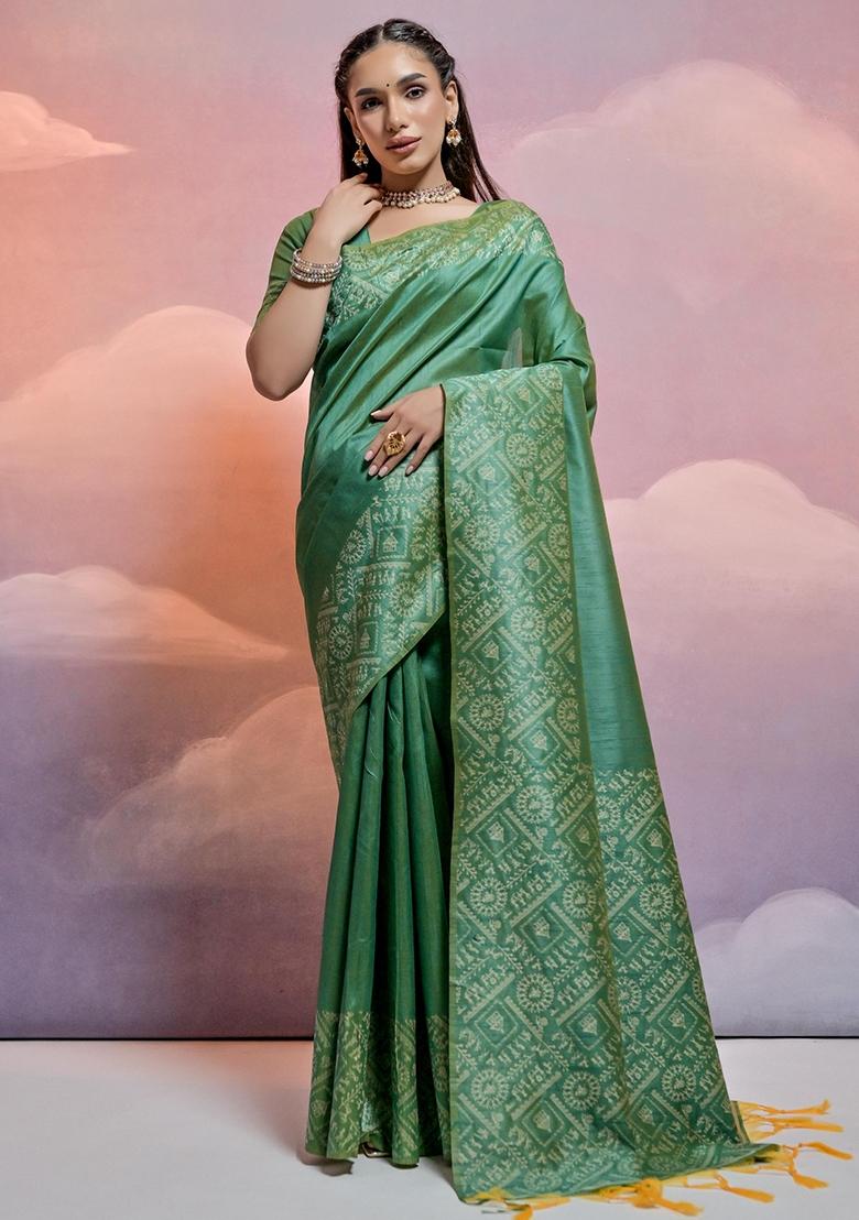 Pista Green Embroidered Raw Silk Saree Set