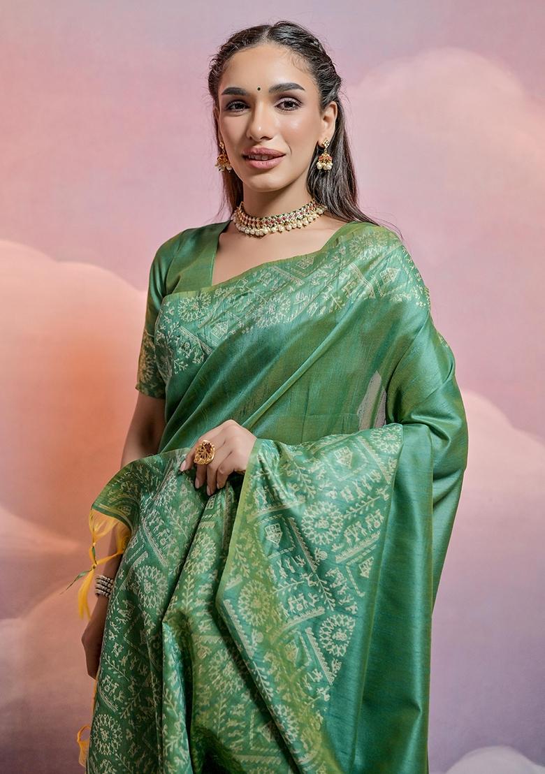 Pista Green Embroidered Raw Silk Saree Set