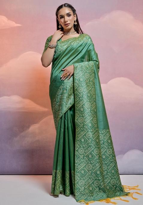 Pista Green Embroidered Raw Silk Saree Set