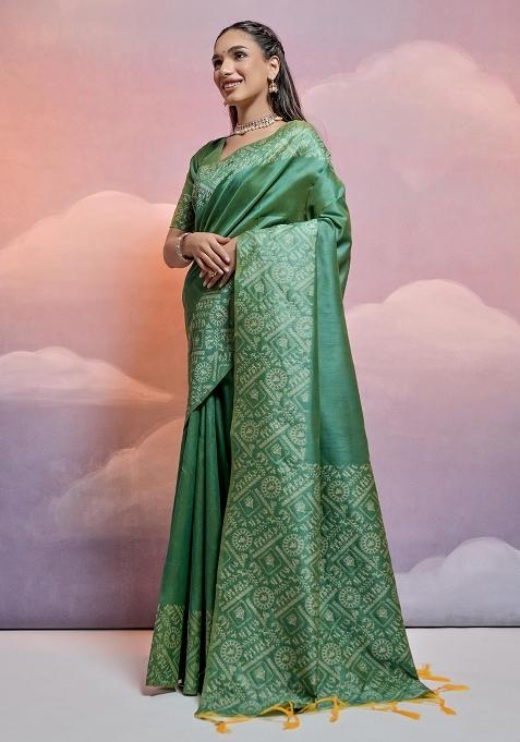 Pista Green Embroidered Raw Silk Saree Set
