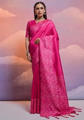 Rani Pink Embroidered Raw Silk Saree Set