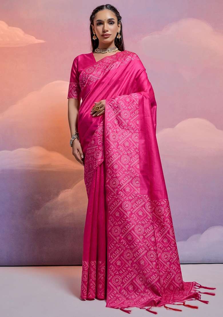 Rani Pink Embroidered Raw Silk Blend Saree Set - Indya