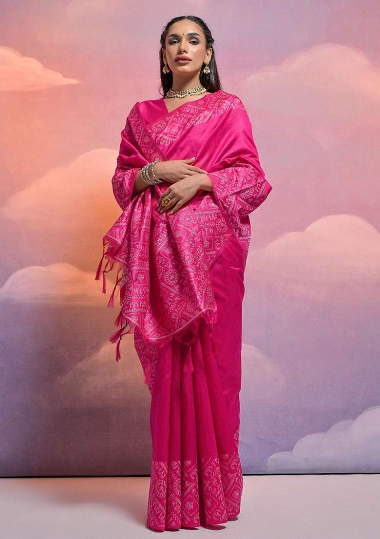 Rani Pink Embroidered Raw Silk Blend Saree Set - Indya