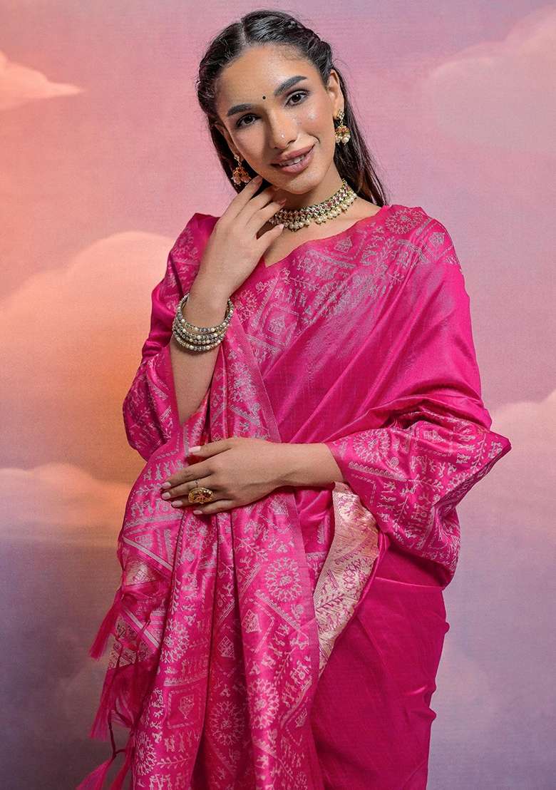 Rani Pink Embroidered Raw Silk Blend Saree Set - Indya