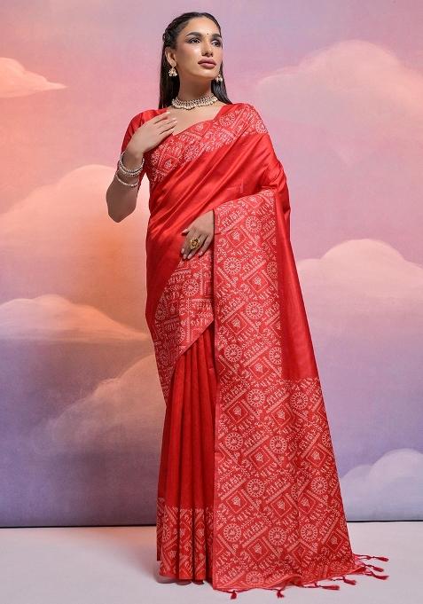 Red Embroidered Raw Silk Saree Set
