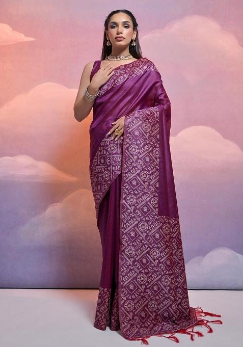 Wine Embroidered Raw Silk Saree Set