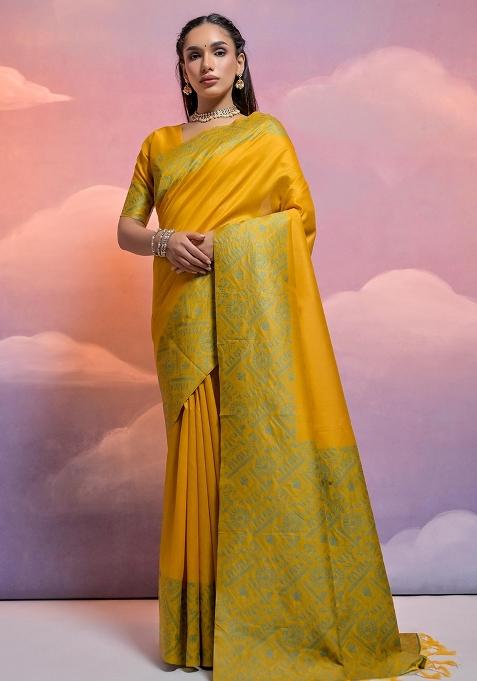 Yellow Embroidered Raw Silk Saree Set