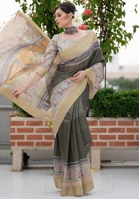 Green Printed Tussar Silk Saree Set