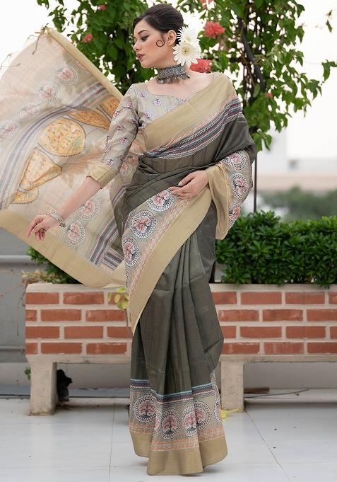 Green Printed Tussar Silk Saree Set