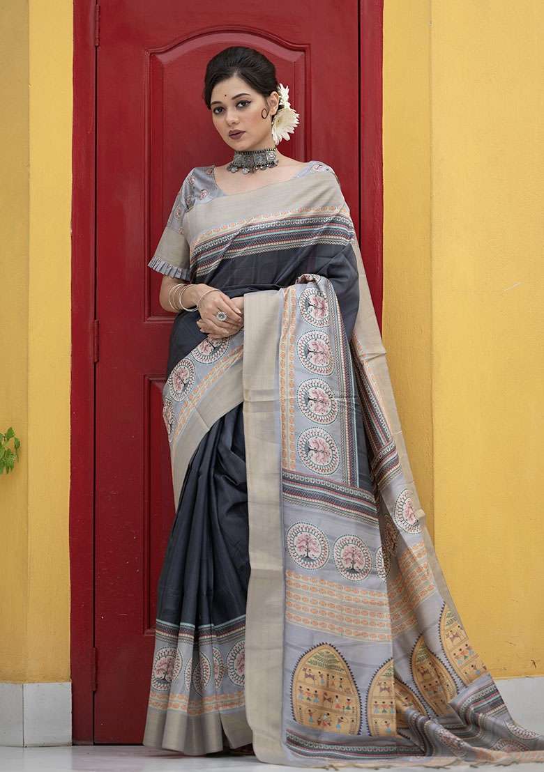 Black Printed Tussar Silk Blend Saree Set - Indya