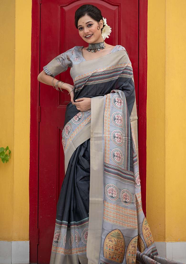 Black Printed Tussar Silk Blend Saree Set - Indya