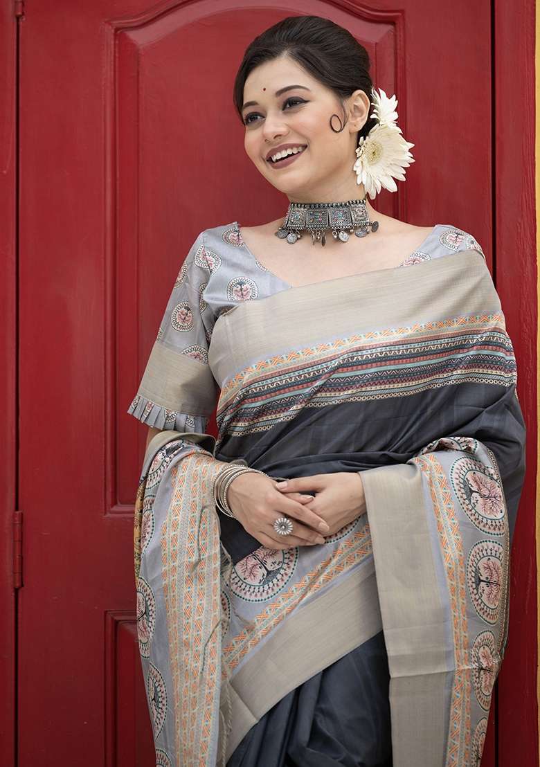 Black Printed Tussar Silk Blend Saree Set - Indya