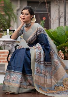 Navy Blue Printed Tussar Silk Saree Set