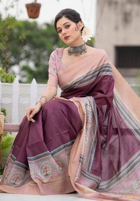 Wine Printed Tussar Silk Saree Set