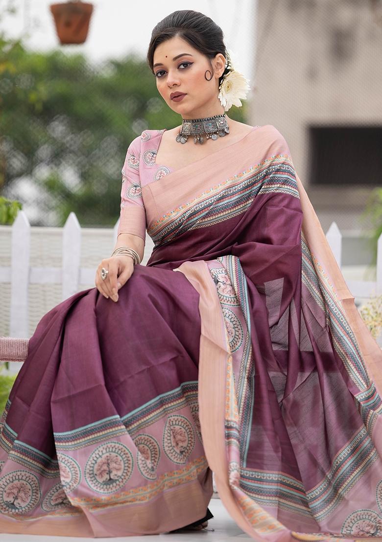Wine Printed Tussar Silk Saree Set
