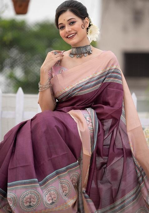 Wine Printed Tussar Silk Saree Set