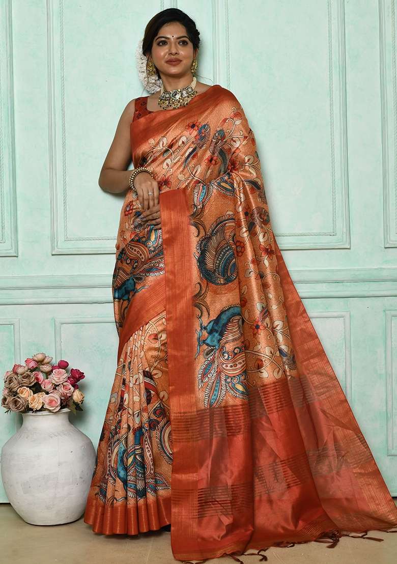 Orange Tussar Silk Blend Saree Set with Printed for Diwali | Wedding & Festive Wear - Indya