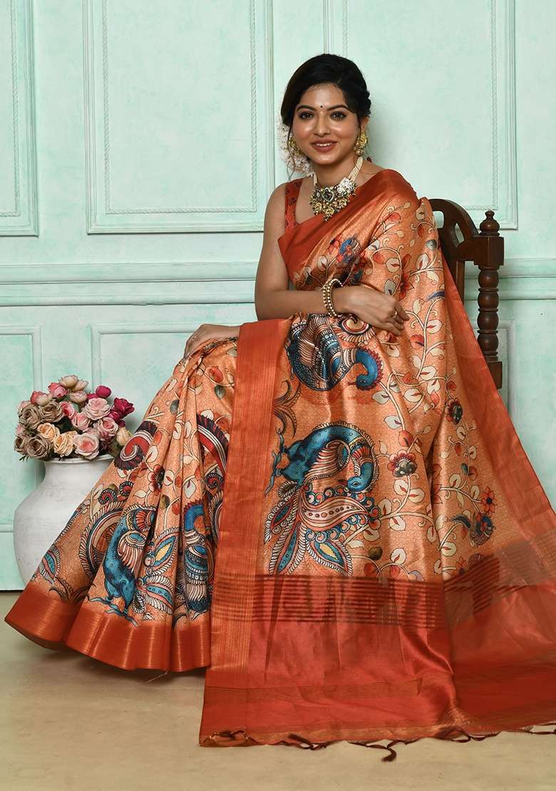 Orange Tussar Silk Blend Saree Set with Printed for Diwali | Wedding & Festive Wear - Indya