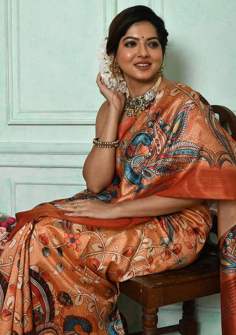 Orange Tussar Silk Blend Saree Set with Printed for Diwali | Wedding & Festive Wear - Indya