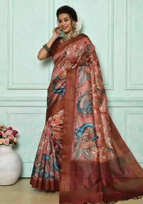 Brown Printed Tussar Silk Saree Set