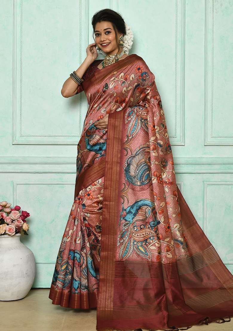 Brown Tussar Silk Blend Saree Set with Printed for Diwali | Wedding & Festive Wear - Indya
