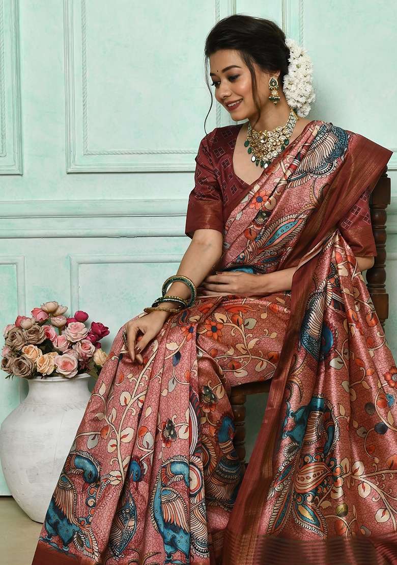 Brown Tussar Silk Blend Saree Set with Printed for Diwali | Wedding & Festive Wear - Indya
