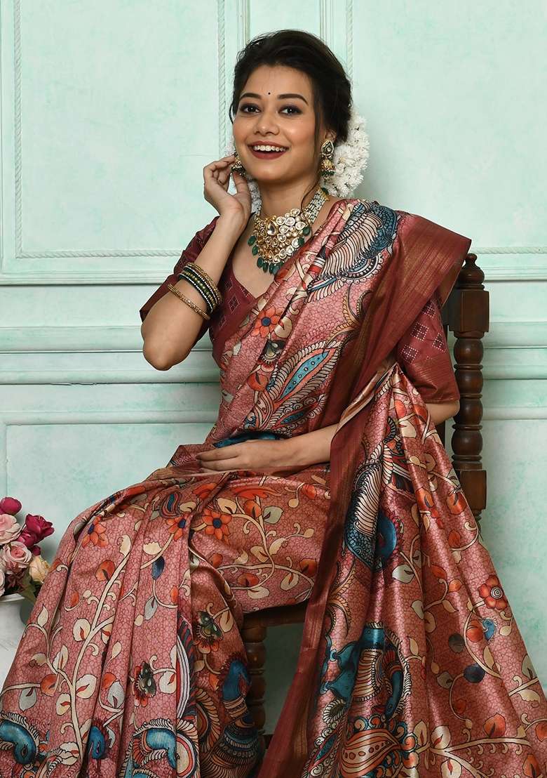 Brown Tussar Silk Blend Saree Set with Printed for Diwali | Wedding & Festive Wear - Indya