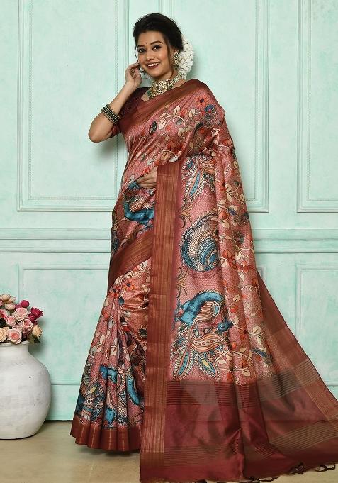 Brown Printed Tussar Silk Saree Set