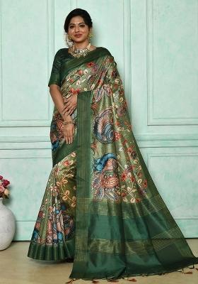 Green Printed Tussar Silk Saree Set
