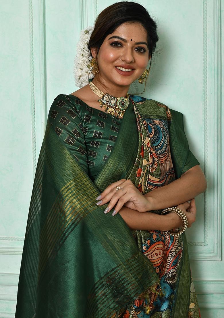 Green Printed Tussar Silk Saree Set