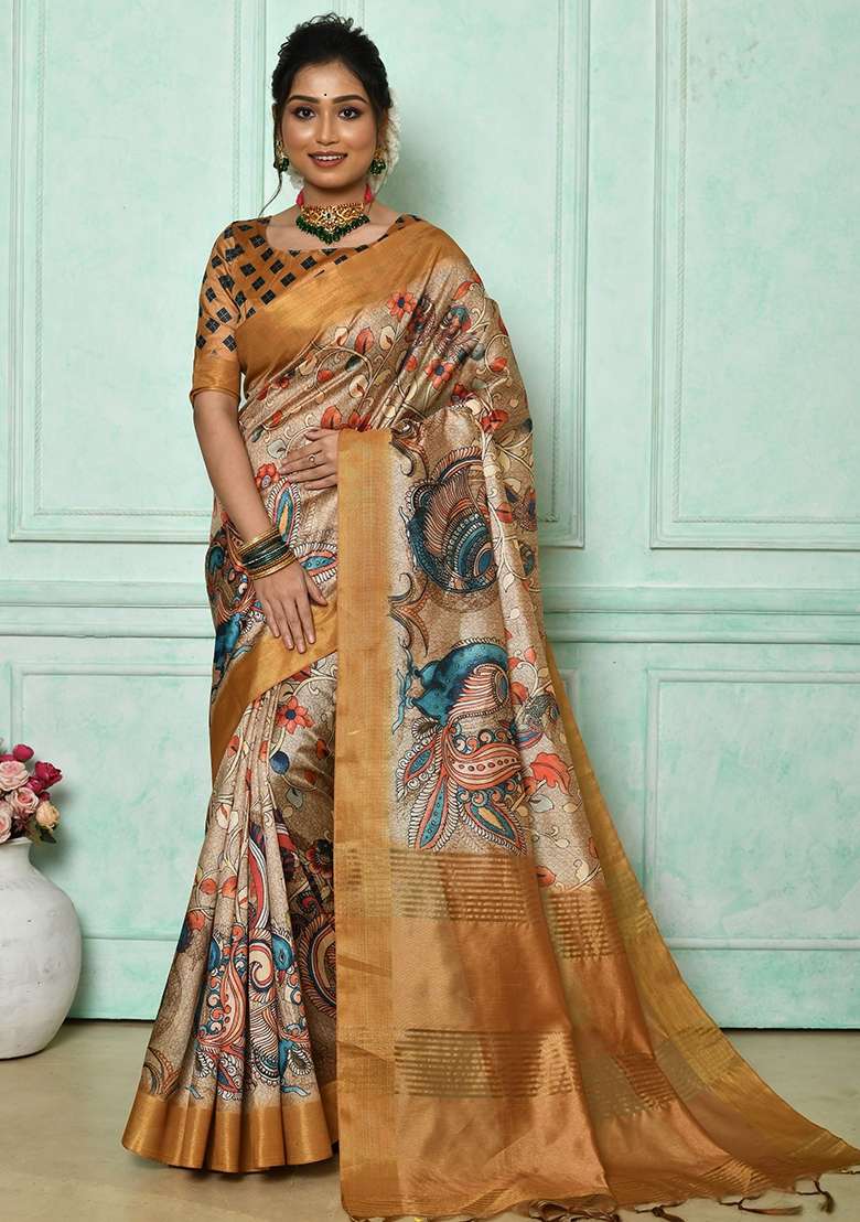 Beige Printed Tussar Silk Blend Saree Set for Diwali and Festive Wear - Indya