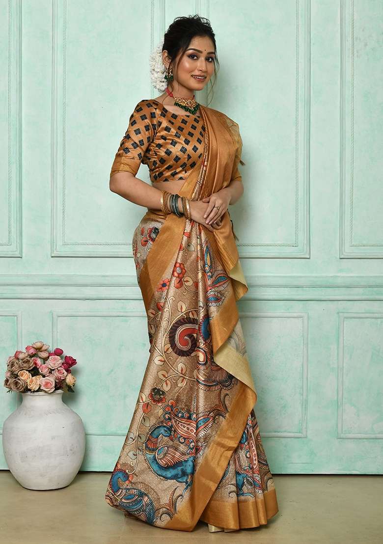 Beige Printed Tussar Silk Blend Saree Set for Diwali and Festive Wear - Indya