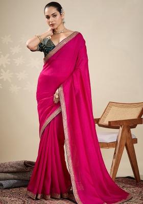Pink Machine Zari Work Silk Saree Set