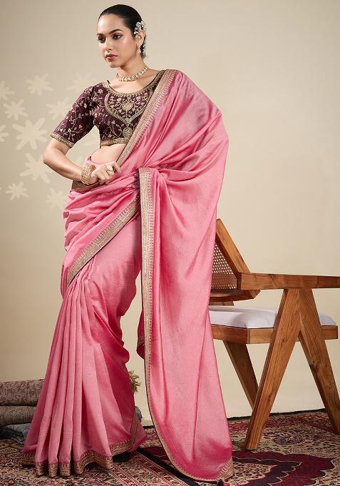 Peach Machine Zari Work Silk Saree Set