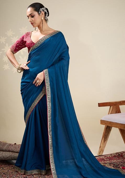 Blue Machine Zari Work Silk Saree Set