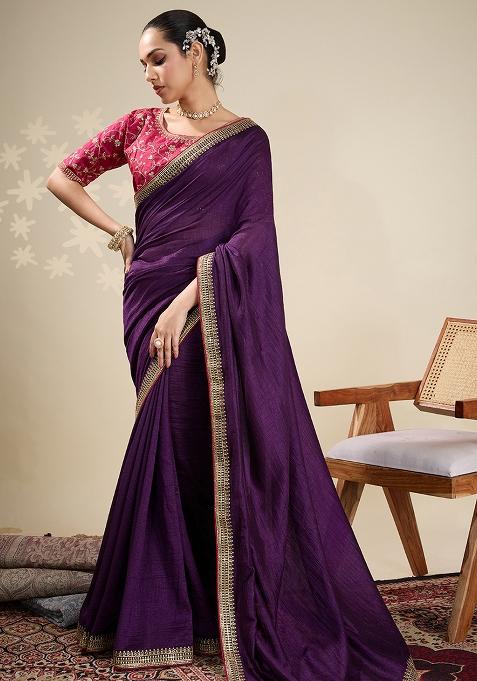 Plum Machine Zari Work Silk Saree Set