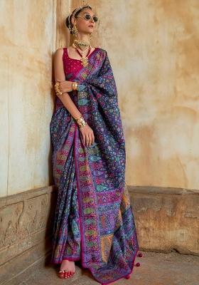 Blue Embroidered Silk Saree Set