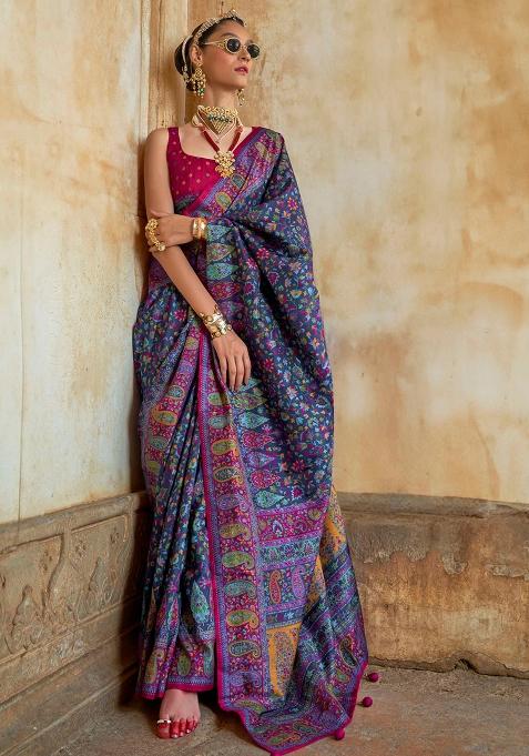 Blue Embroidered Silk Saree Set
