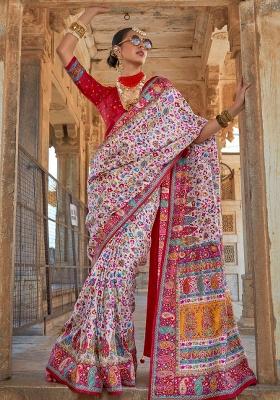 White Embroidered Silk Saree Set