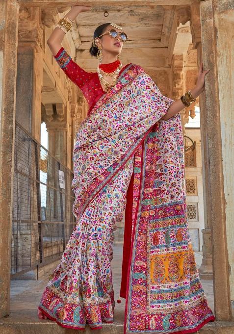 White Embroidered Silk Saree Set