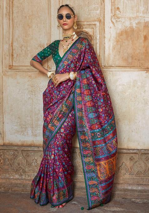 Plum Embroidered Silk Saree Set