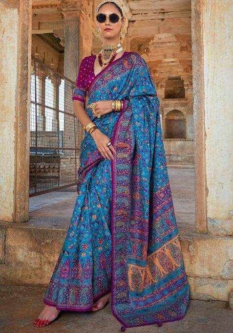 Sky Blue Embroidered Silk Saree Set