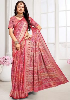 Pink Embroidered Brasso Saree Set